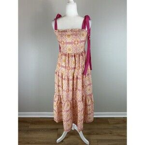 Celestial Midi Dress Size S Bow Tie Straps Moon Stars Resort Batik Tiered Smock